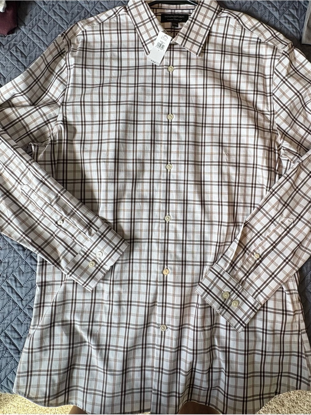 Banana Republic Men's Cream and Brown Plaid Dress Shirt